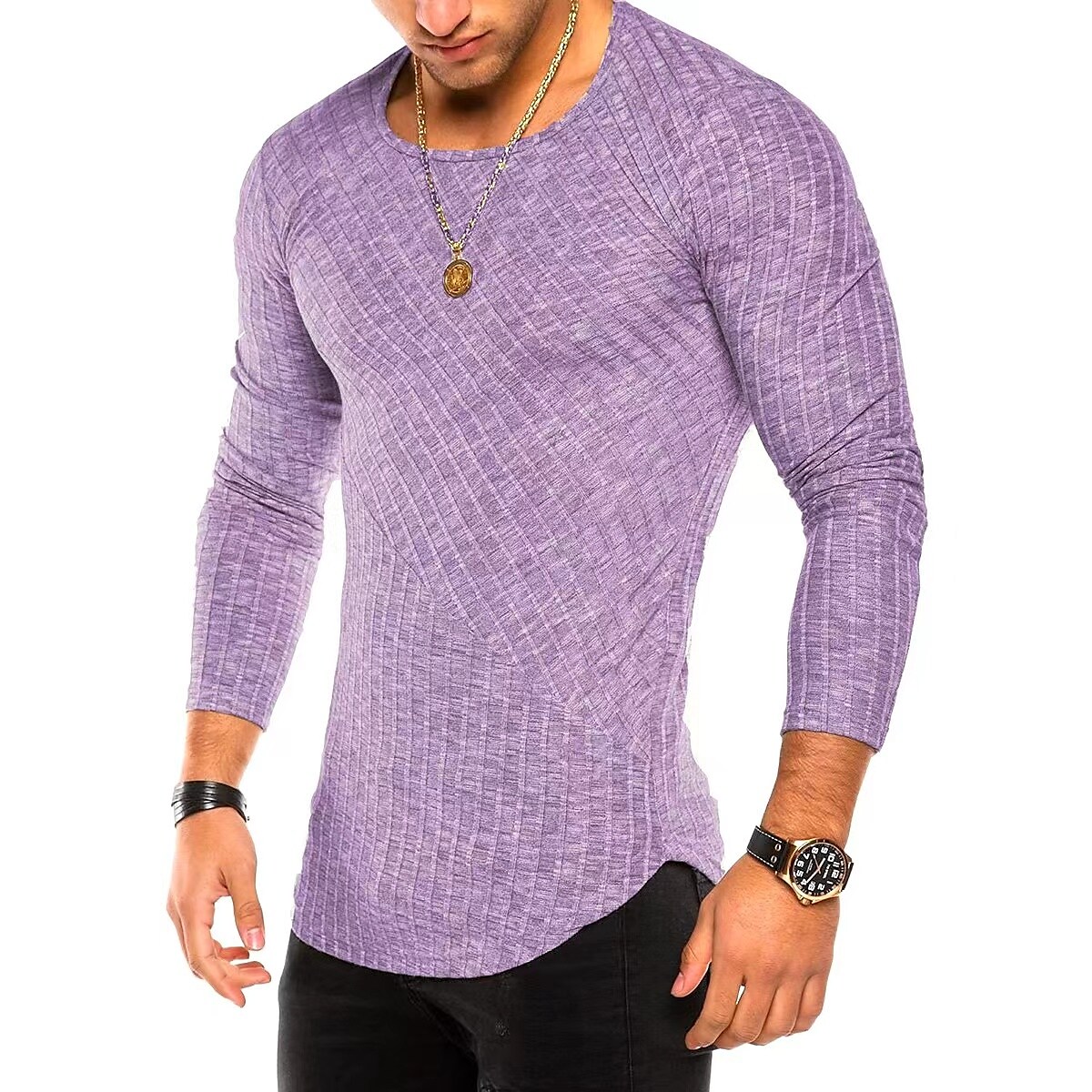 Men's T shirt Tee Striped Crew Neck Casual Sports Long Sleeve Clothing 