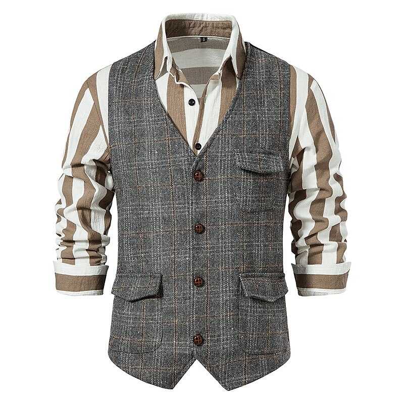 Men's Vest Waistcoat Comfortable Daily Wear Vacation Going out Single Breasted Lapel Vintage Basic Jacket Outerwear Plaid Button 
