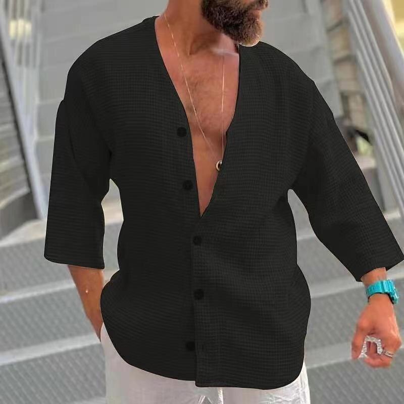 Men's Button Up Shirt Casual Shirt Waffle Knit Shirt  3/4 Length Sleeve Plain V Neck Street Vacation Fashion Top