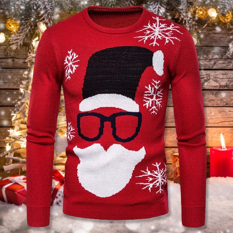 Men's Ugly Christmas Ribbed Knit Crew Neck Long Sleeve Basic Sweater