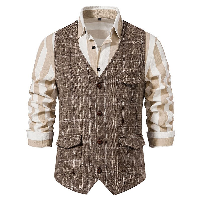 Men's Vest Waistcoat Comfortable Daily Wear Vacation Going out Single Breasted Lapel Vintage Basic Jacket Outerwear Plaid Button 