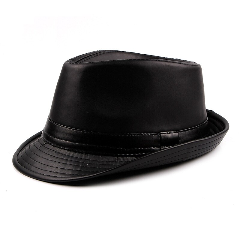 Men's Fedora Hat Brim Hat Black Coffee Faux Leather Pure Color Simple