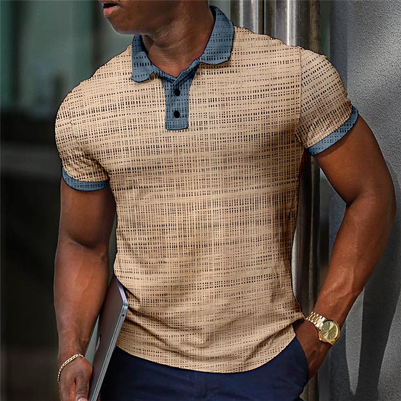 Men's Button Up Polos Lapel Polo Polo Shirt Golf Shirt Striped Plaid / Check Graphic Prints Geometry Turndown Outdoor Street Short Sleeves Print Top