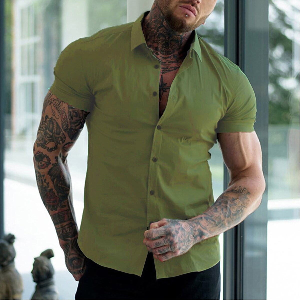 Men's Casual Shirt Solid Color Turndown  Daily Street Sport Button-Down Short Sleeve Tops Lightweight Fashion Comfortable Big and Tall White Black Blue / Summer Muscle Shirt