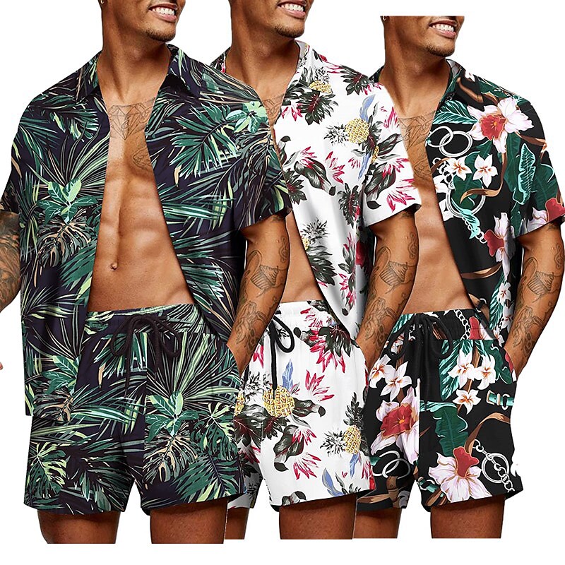 Men's Two Pieces Set Hawaiian Shirt Aloha Shirt Floral Turndown 3D Pri