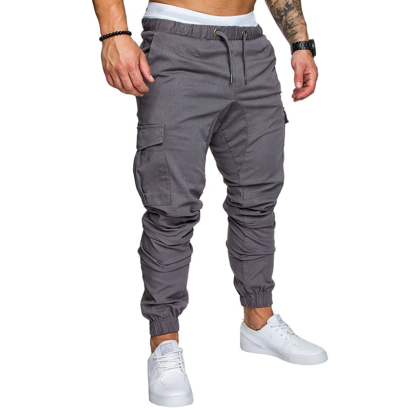 Men's Cotton Solid Color Elastic Waist Full Length Pocket Sweatpants