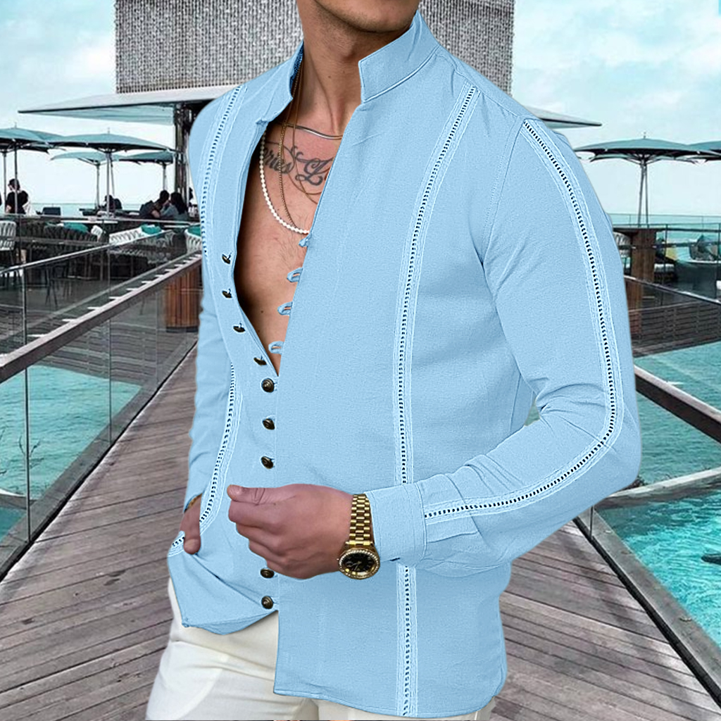 Men's Linen Button Up Summer Beach Shirt  Long Sleeve Plain Standing Collar Spring & Summer Casual Daily Top