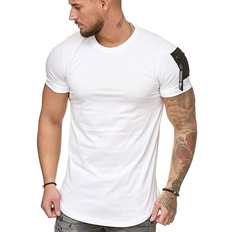 men's gym muscle athletic t-shirt fashion zipper workout cotton shirt slim fit summer short sleeve top