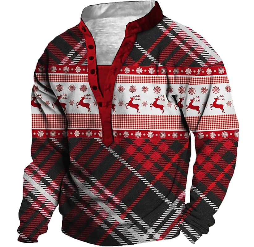 Men's Casual Red Christmas Print Stand Collar Hooded Sweatshirt