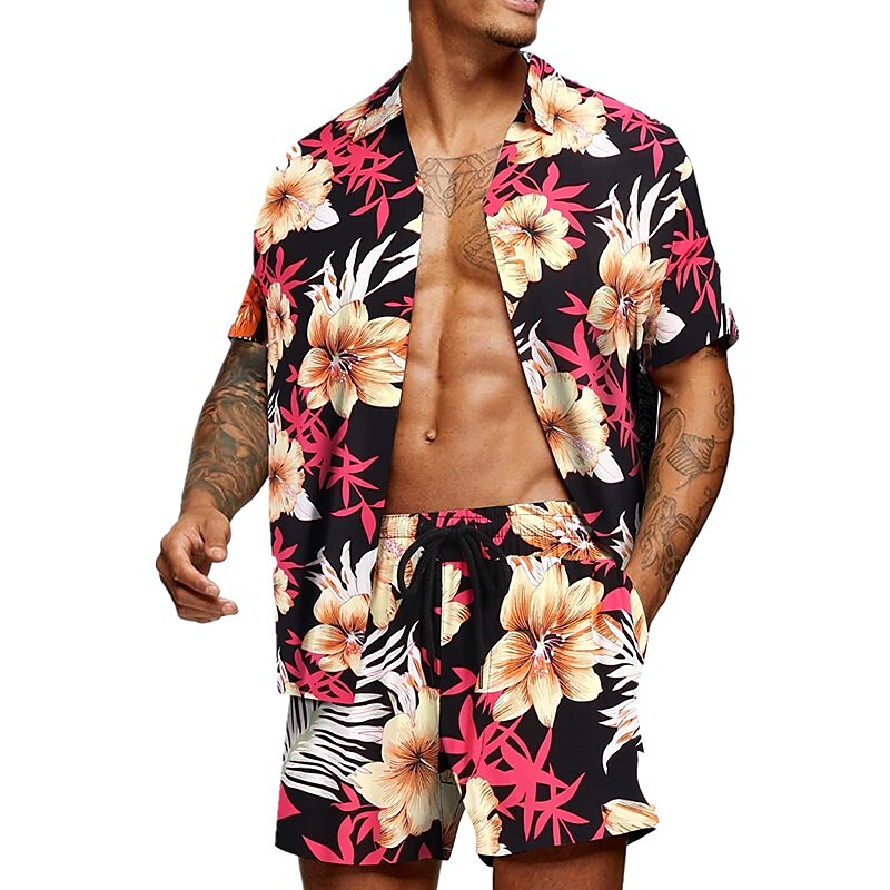 Men's Two Pieces Set Hawaiian Shirt Aloha Shirt Floral Turndown 3D Pri
