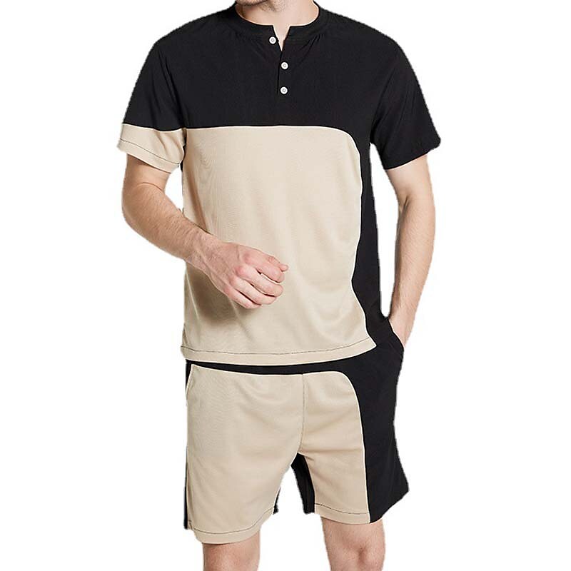 Men's Outdoor Patchwork Button Shirt Elastic Waist Shorts Set