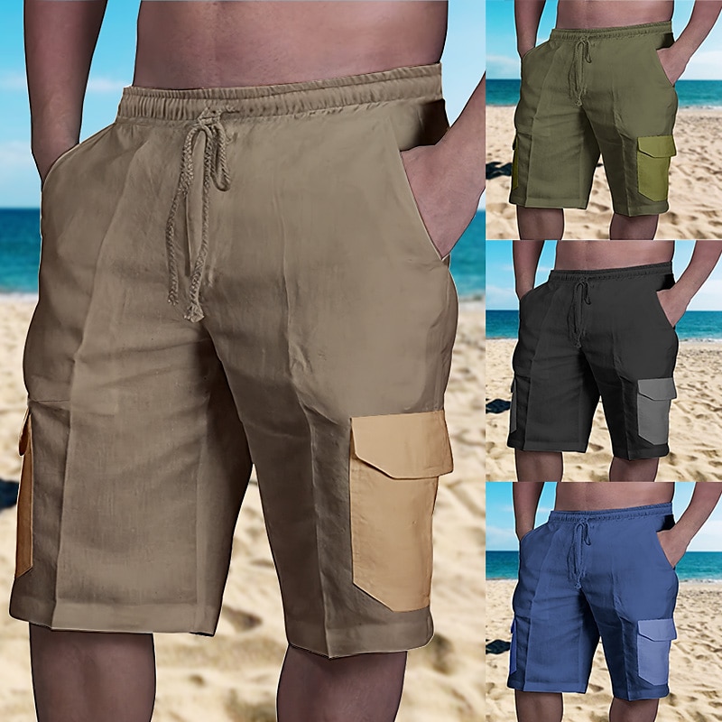 Men's Shorts Linen Shorts Summer Shorts Beach Shorts Drawstring Elastic Waist Multi Pocket Color Block Comfort Breathable Short Casual Daily Holiday Linen / Cotton Blend Fashion Classic Style Black