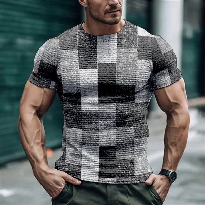 Men's Waffle T Shirt Graphic Plaid Color Block Crew Neck Print Outdoor Short Sleeve Casual Top