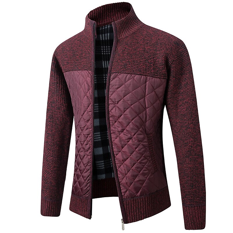 Men's Sweater Cardigan Sweater Zip Sweater Sweater Jacket Fleece Sweater Knit Zipper Color Block Stand Collar Stylish Holiday Clothing Apparel Winter Fall Black Burgundy XS S M