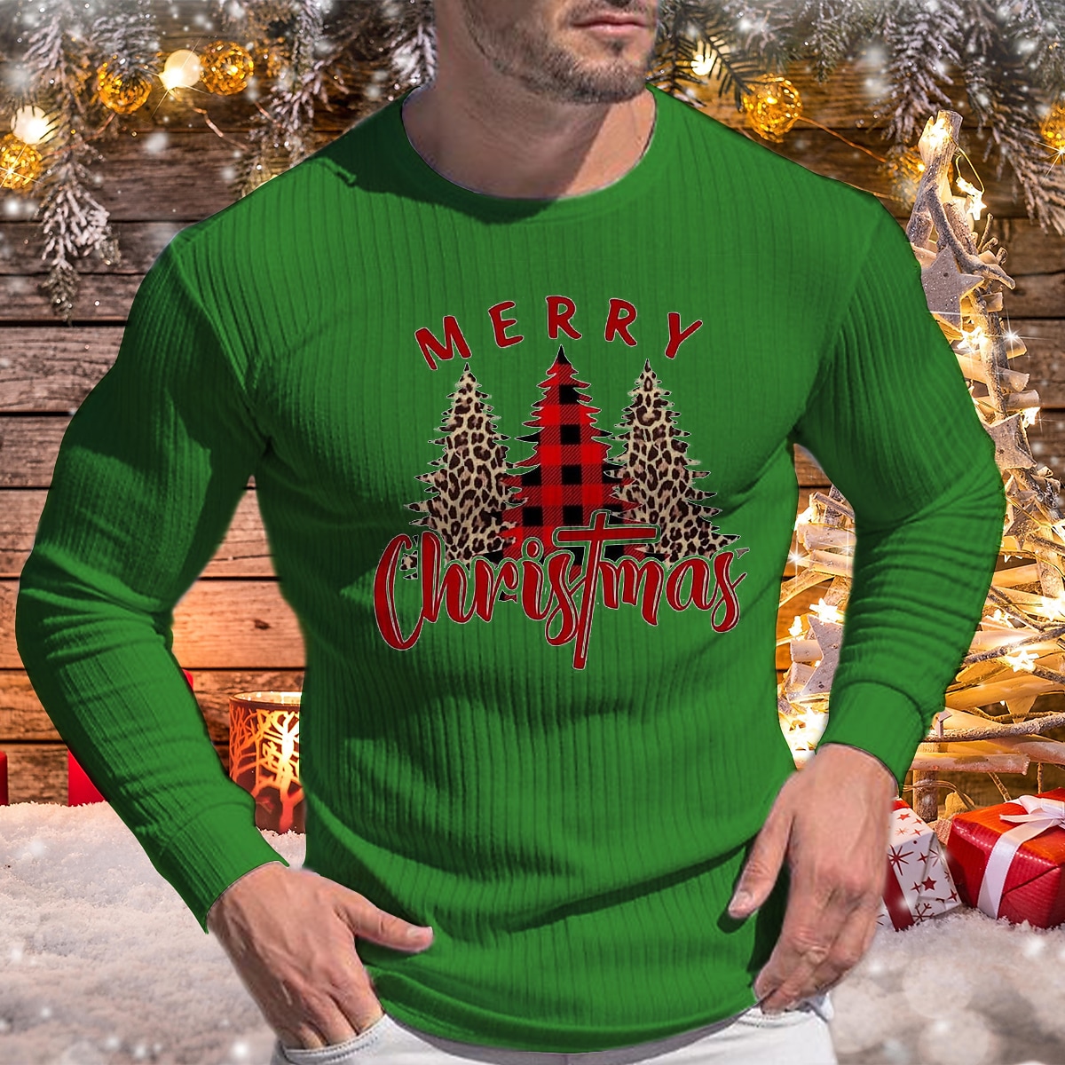 Men's Christmas Print Crew Neck Street Long Sleeve Casual Shirt