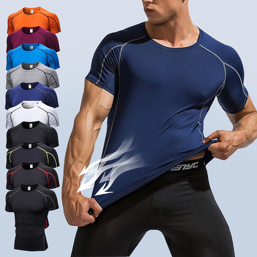 Men's Compression Running Short Sleeve T-shirt Breathable Quick Dry Lightweight Fitness Gym Workout Sportswear