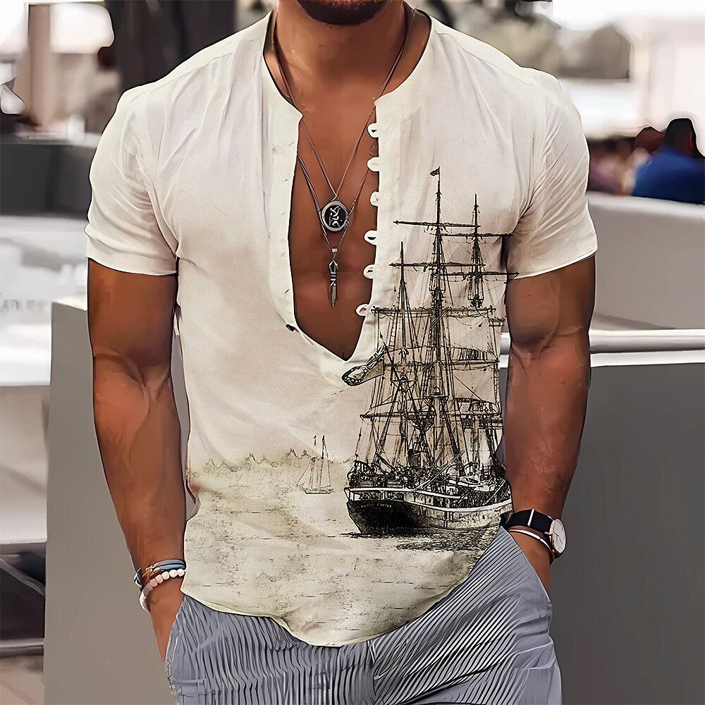 Men's Shirt Graphic Prints Vintage Sailboat Stand Collar Outdoor Street Short Sleeves Print Casual Comfortable Top