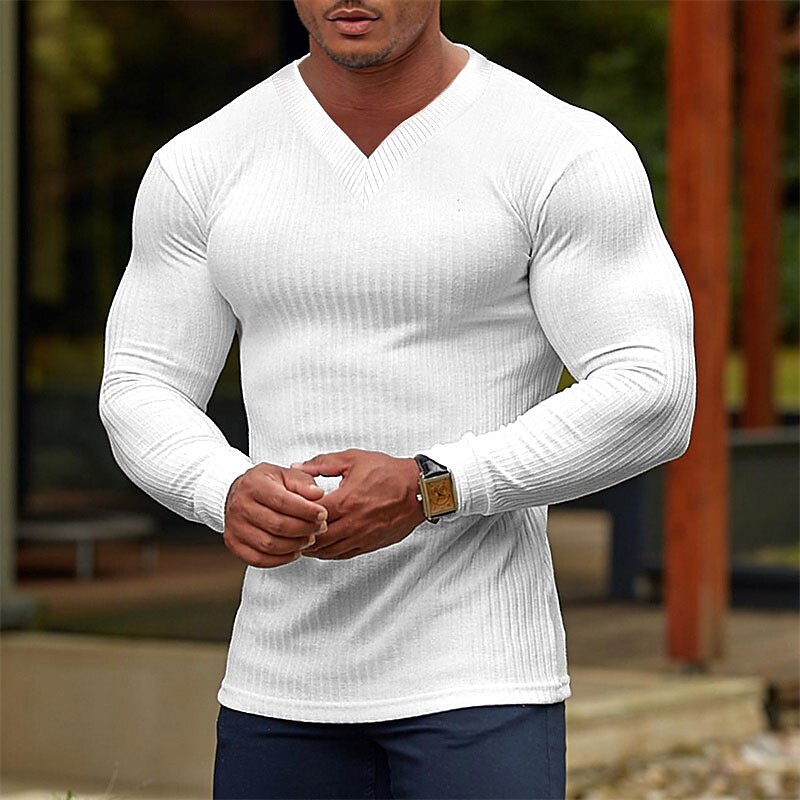 Men's T shirt Plain Pit Strip V Neck Street Vacation Long Sleeve Clothing Apparel Fashion Designer Basic Top 