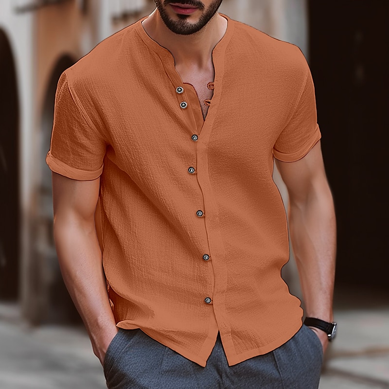 Men's Linen Shirt Summer Beach Shirt Short Sleeve Plain Band Collar Summer Casual Daily Shirt 