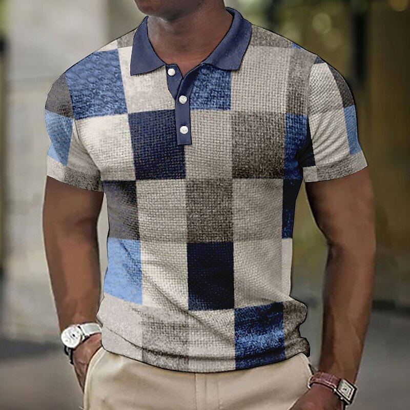 [Deal]Men's Waffle Polo Shirt Button Up Polos Lapel Polo Polo Shirt Golf Shirt Plaid Graphic Prints Geometry Turndown Outdoor Street Short