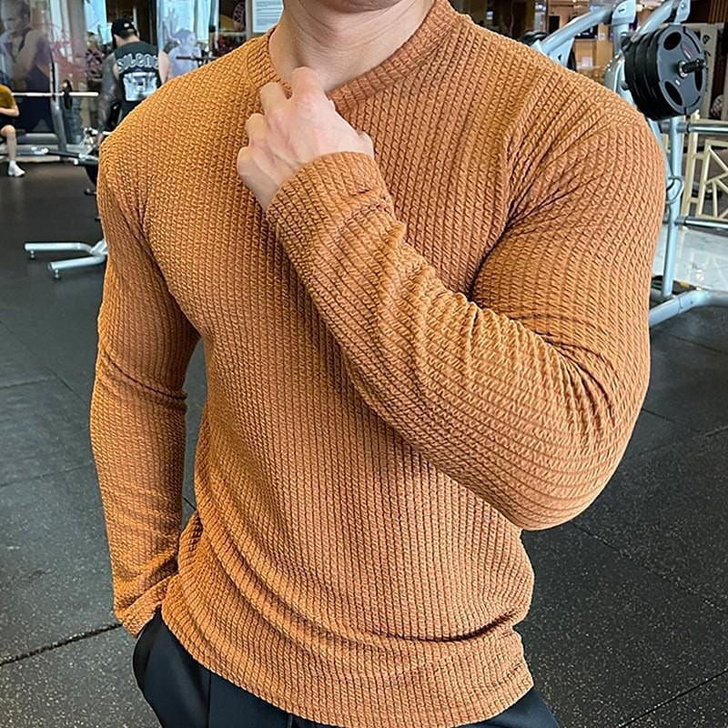 Men's Casual Sports Solid Color Knitted Long-sleeved Round Neck Tops