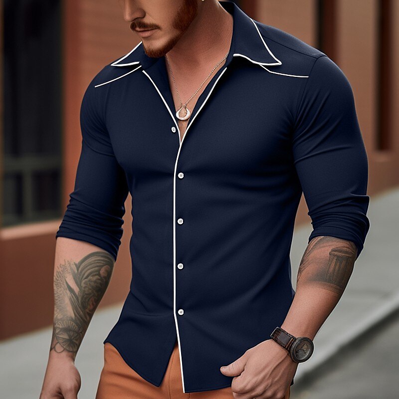 Men's Button Up Casual Summer Shirt Long Sleeve Color Block Lapel Daily Vacation Clothing Casual Comfortable Top