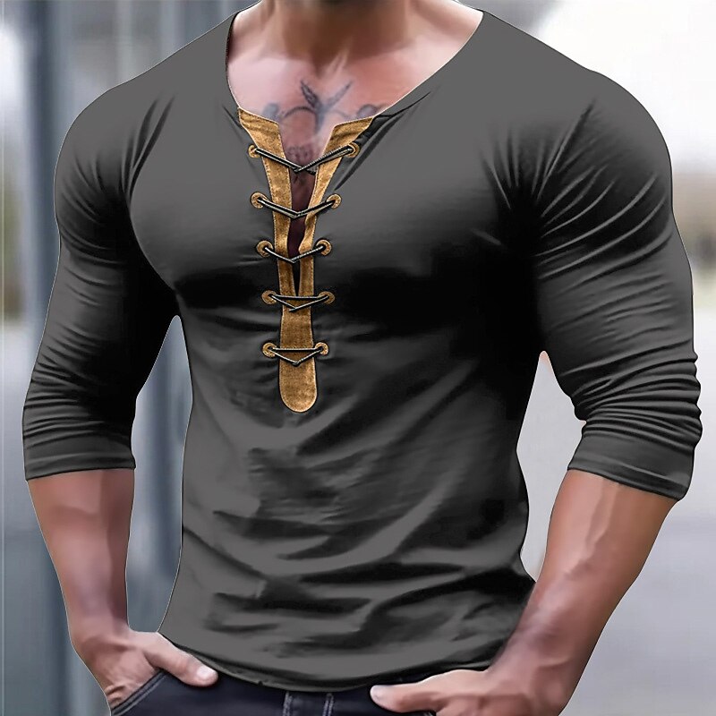 Men's T shirt Tee Tee Top Plain V Neck Street Vacation Long Sleeve Lace up Clothing Apparel Fashion Designer Basic Top