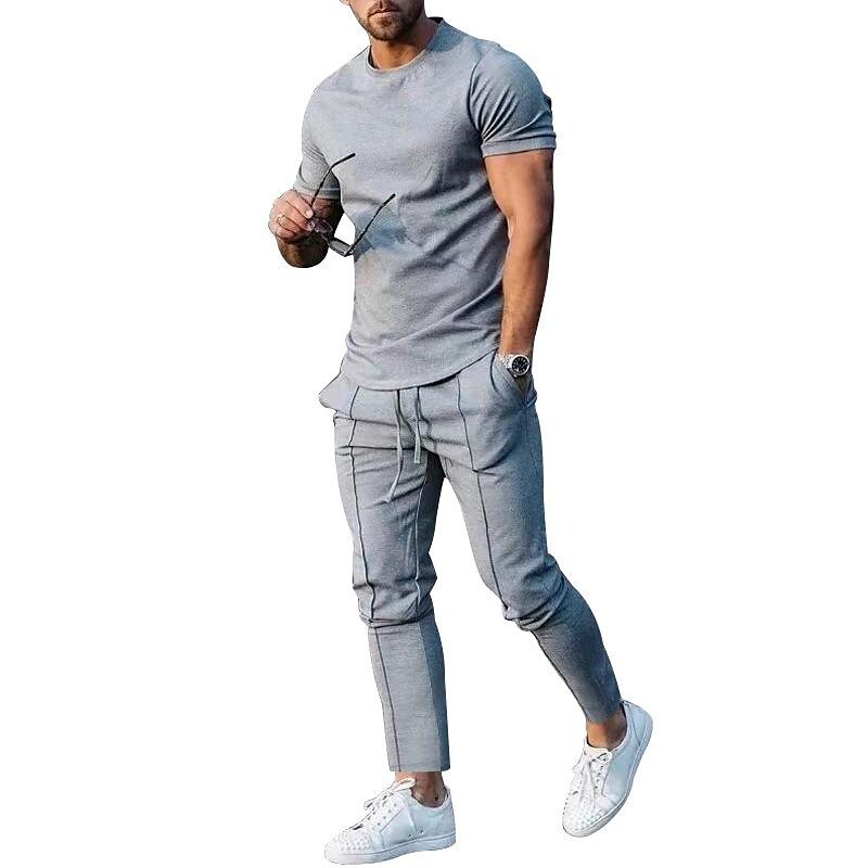 Men's Solid Color Crew Neck Shirt Pocket Elastic Pant Sport Set