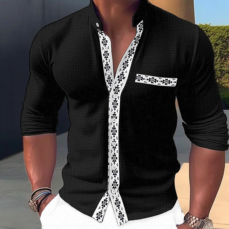 Men's Linen Shirt Button Up Shirt Casual Shirt Summer Shirt Beach Shirt Long Sleeve Color Block Standing Collar  Casual Shirt  