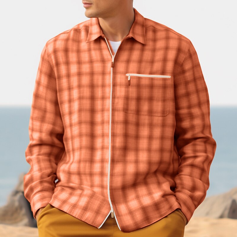 Men's Casual Shirt Long Sleeve Plaid / Check Lapel Daily Vacation Zipper Casual Comfortable Shirt 