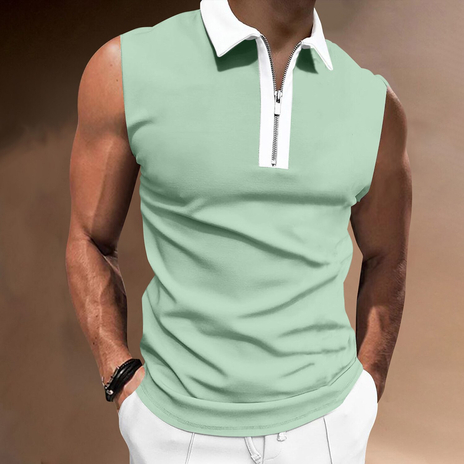Men's Polo Shirt Golf Shirt Casual Holiday Lapel Quarter Zip Sleeveless Fashion Basic Plain Quarter Zip Summer Polo Shirt