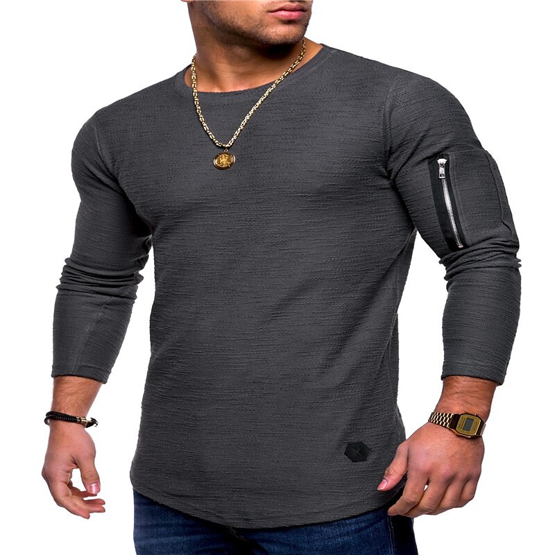 Men's T shirt Tee Long Sleeve Shirt Plain Crew Neck Plus Size Casual Long Sleeve Zipper Clothing Apparel Cotton Muscle Top