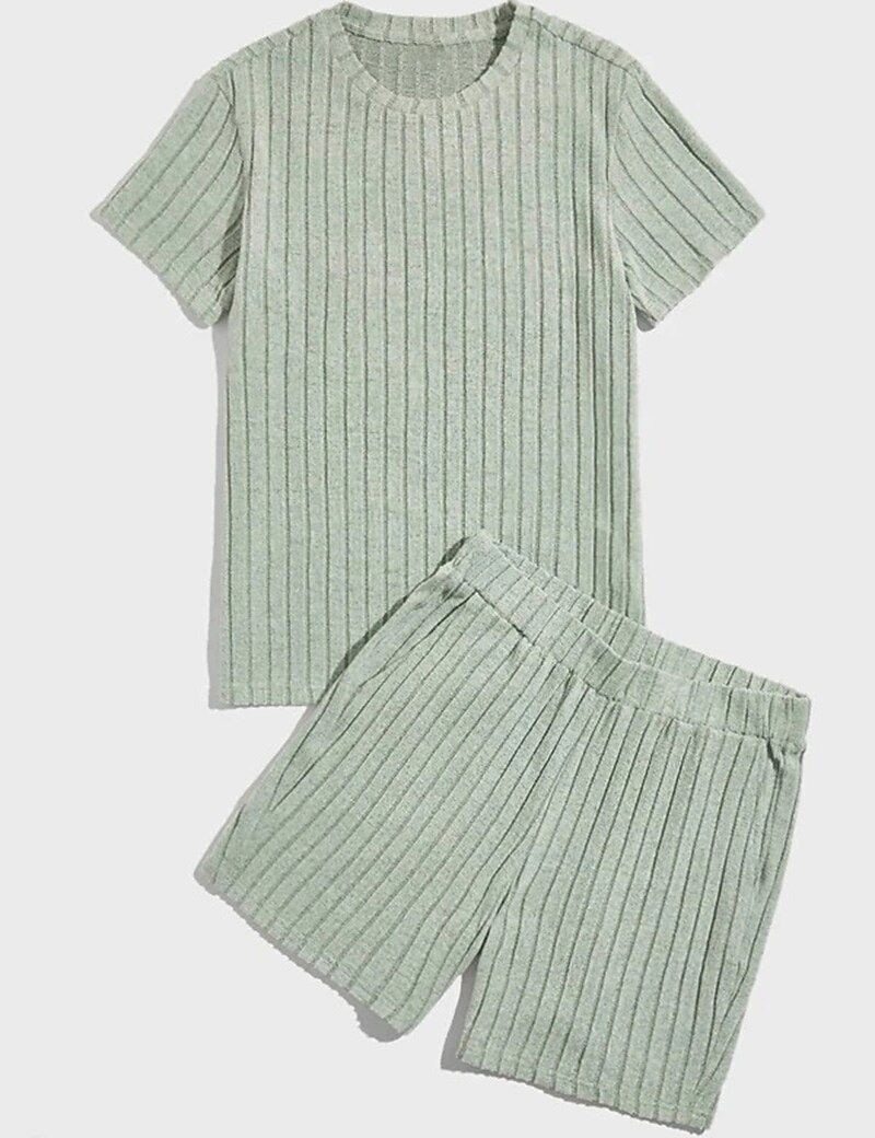 Men's T-shirt Suits Ribbed Knit Tee & Shorts Plain Crew Neck Daily Wear Vacation Short Sleeves Clothing Apparel Gymnatics Casual