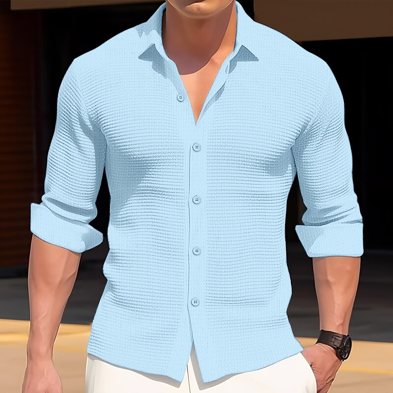 Men's Button Up Casual Waffle Shirt Long Sleeve Plain Lapel Daily Vacation Casual Comfortable Shirt 