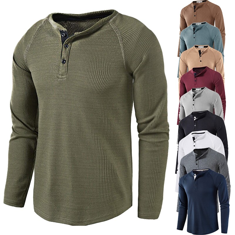 Men's Casual Solid Color Long Sleeve Round Neck Button Henley Shirt