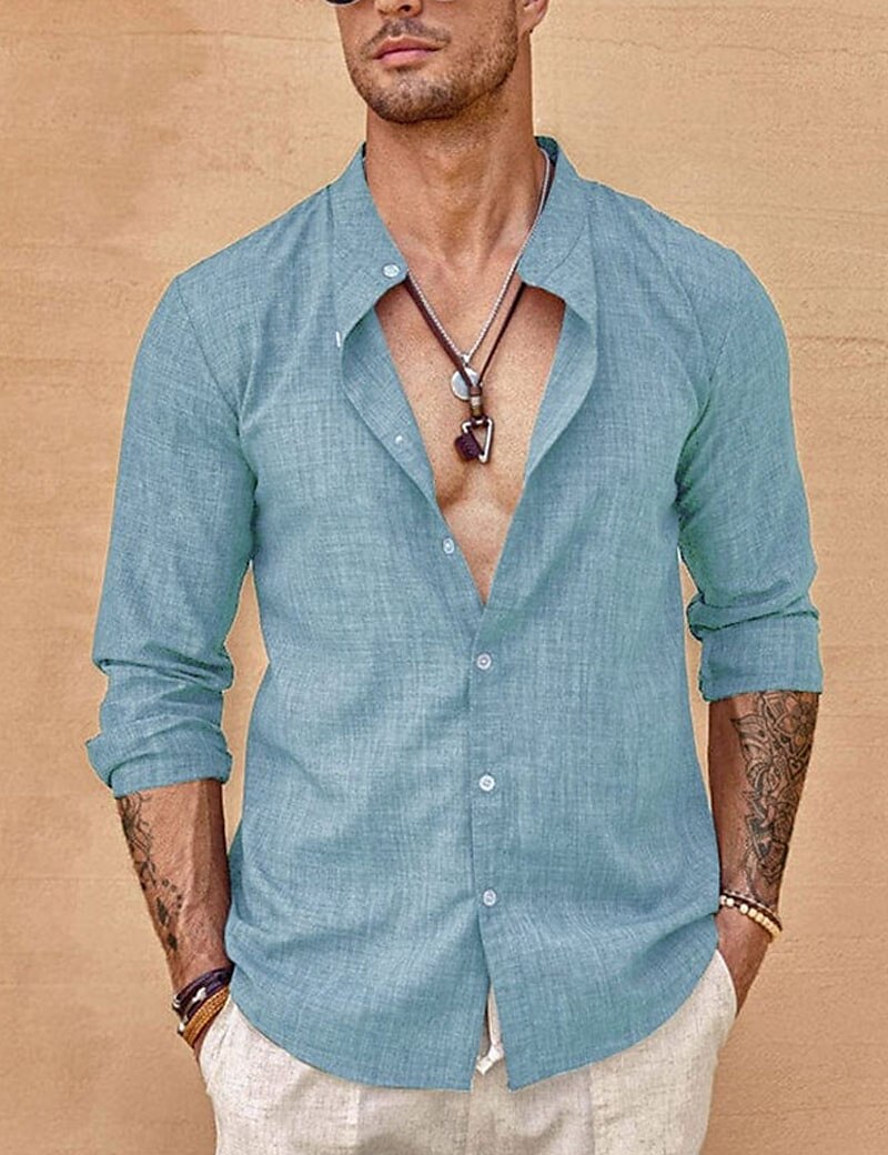 Men's Linen Button Up Summer Shirt Beach Shirt Black White Blue Long Sleeve Plain Band Collar Casual Daily Clothing Apparel Top
