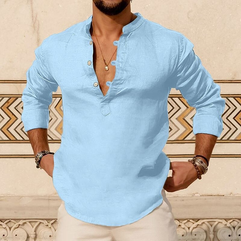 Men's Linen Outdoor Beach Casual Fashion Vacation Breathable Comfortable Light Plain Long Sleeve Henley Shirt