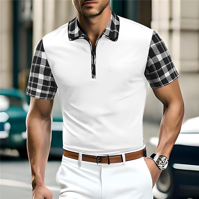 Men's Golf Shirt Outdoor Sports Lapel Quarter Zip Short Sleeve Fashion Modern Color Block Plaid / Check Polo