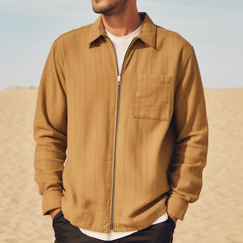 Men's Shirt Casual Shirt Long Sleeve Plaid / Check Lapel Daily Vacation Zipper Casual Comfortable Top