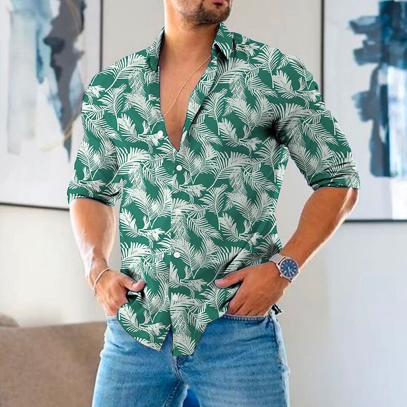 Men's Shirt Linen Shirt Graphic Prints Leaves Turndown Blue Green Outdoor Street Long Sleeve Print Fashion Casual Top