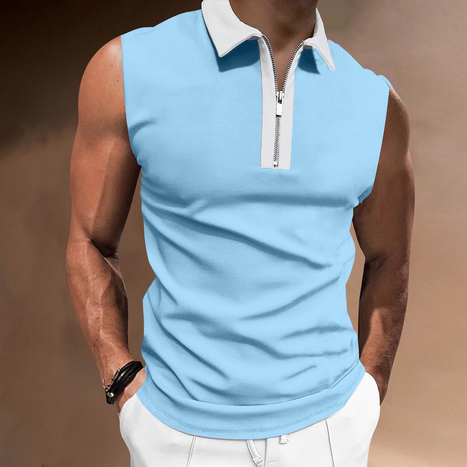 Men's Polo Shirt Golf Shirt Casual Holiday Lapel Quarter Zip Sleeveless Fashion Basic Plain Quarter Zip Summer Polo Shirt