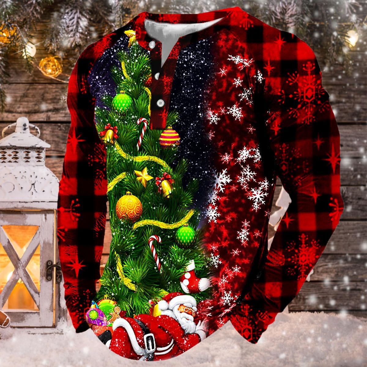 Men's Casual 3D Print Christmas Button Long Sleeve Henley Shirt
