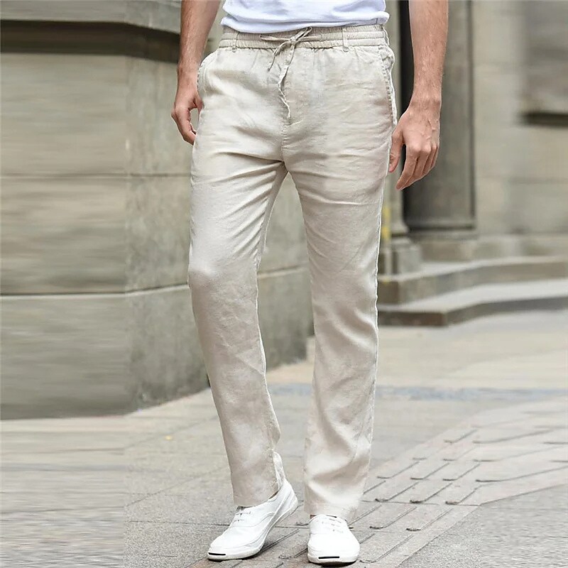 Men's Linen Pants Drawstring Elastic Waist Straight Leg Plain Comfort