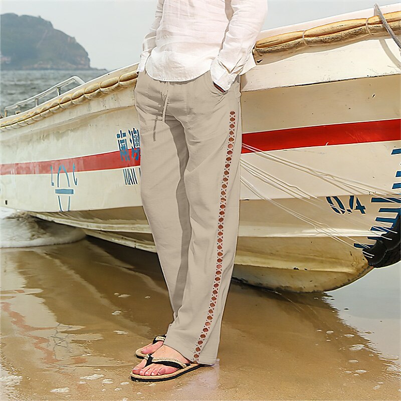 Men's Trousers Summer Pants Beach Pants Drawstring Elastic Waist Straight Leg Rhombus Comfort Breathable Casual Daily Holiday Fashion Classic Style Black White