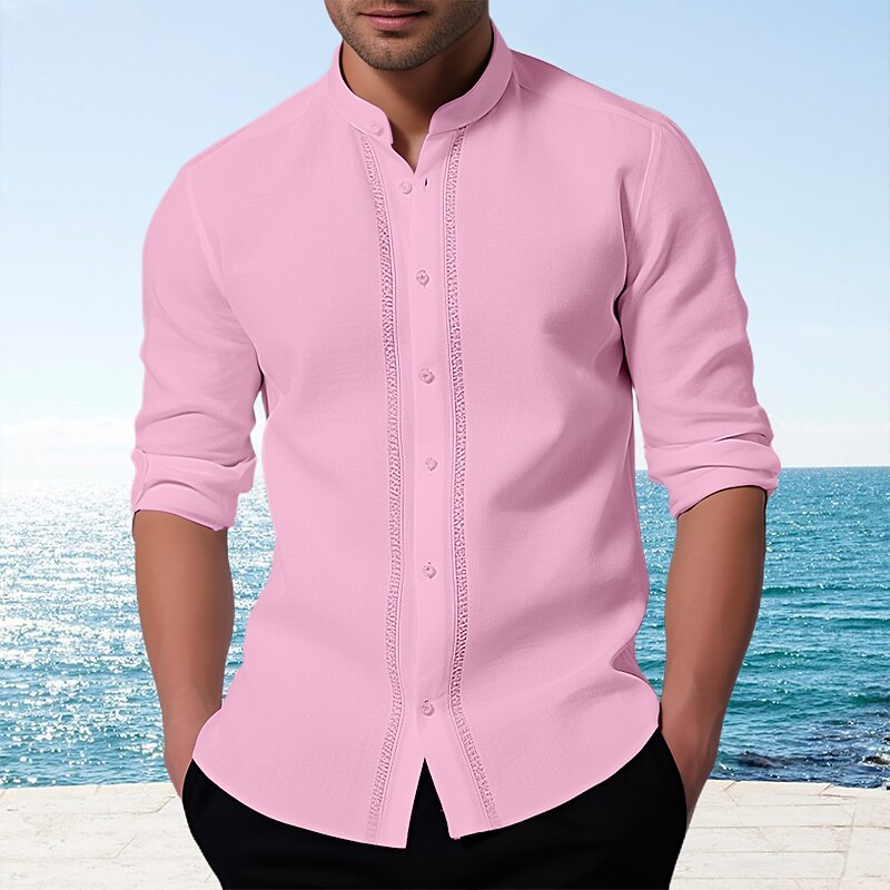 Men's Guayabera Button Up Casual Shirt Summer Shirt  Long Sleeve Patchwork Band Collar Casual Comfortable Shirt