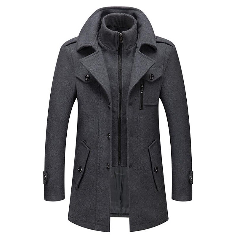 Men's Winter Coat Wool Coat Overcoat Business Casual Winter Wool Windproof Warm Outerwear Clothing Apparel Active Chic & Modern Solid Colored Rolled collar