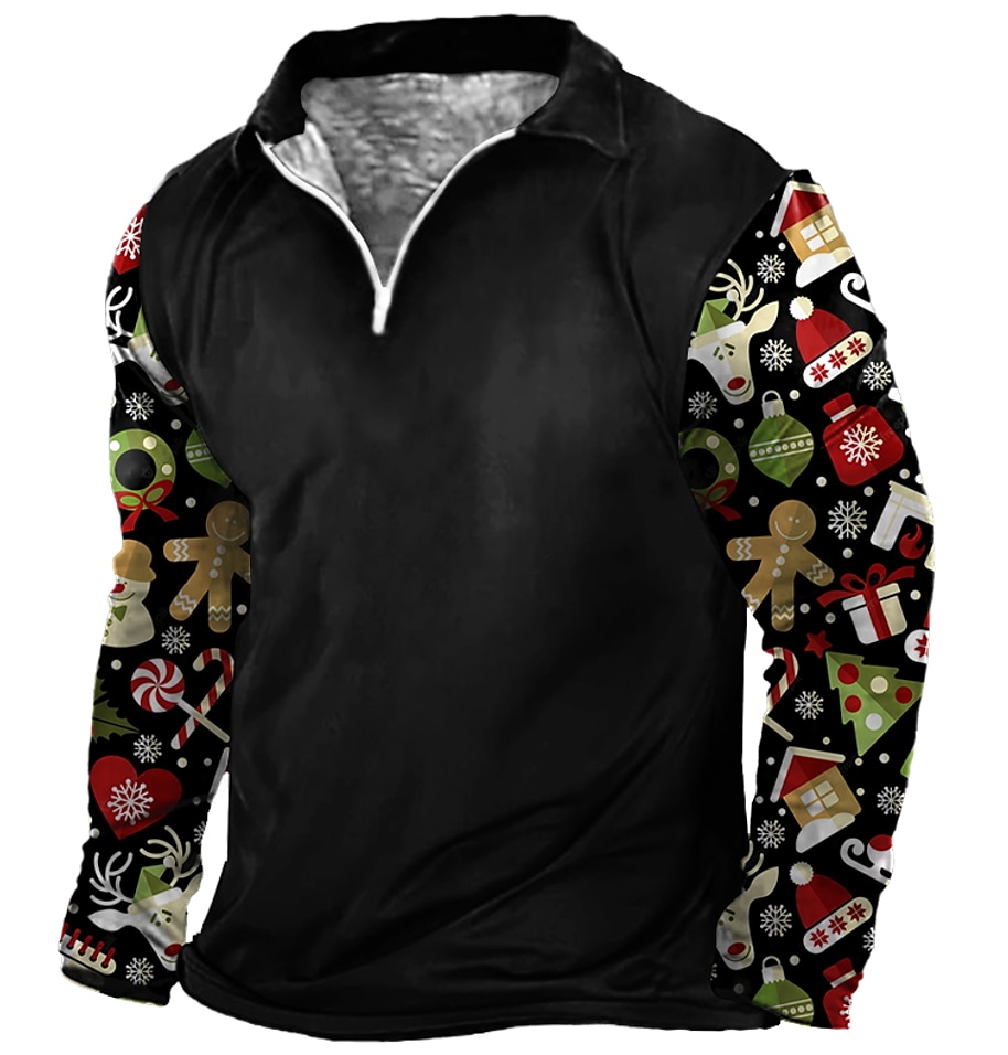 Men's Black Christmas Print Turndown Long Sleeve Zipper Sweatshirt