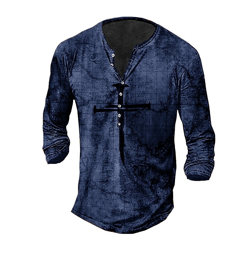 Men's Henley Shirt Graphic Prints Cross Henley  Outdoor Casual Long Sleeve Button-Down Print