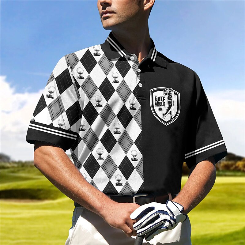 Men's Button Up Polo Shirt Check Graphic Prints Sports Turndown Black Outdoor Street Short Sleeves Sports Fashion Golf Shirt