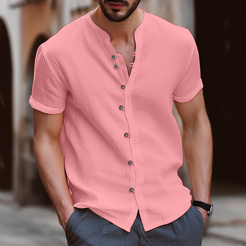 Men's Linen Shirt Summer Beach Shirt Short Sleeve Plain Band Collar Summer Casual Daily Shirt 